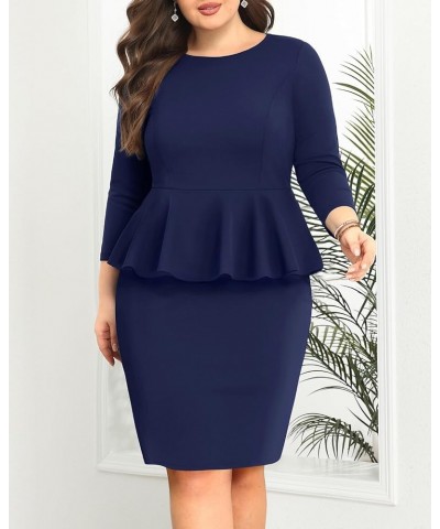 Womens Plus Size Peplum Dress 3/4 Sleeve Formal Work Business Knee Length Bodycon Pencil Dresses Navy Blue $24.47 Dresses