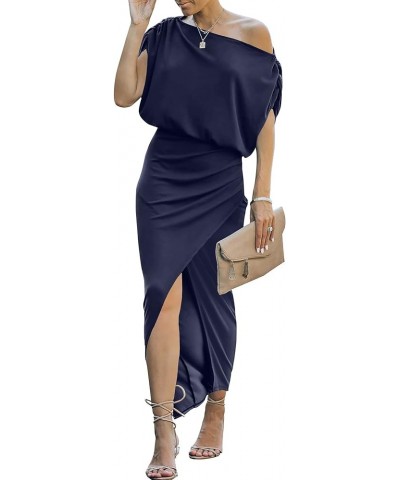 Women's Summer Off Shoulder Short Sleeve Wrap Slit Bodycon Maxi Elegant Dress Deep Blue $24.99 Dresses