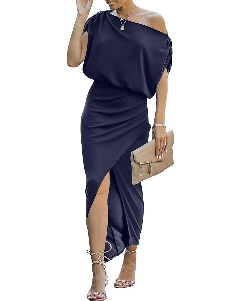 Women's Summer Off Shoulder Short Sleeve Wrap Slit Bodycon Maxi Elegant Dress Deep Blue $24.99 Dresses