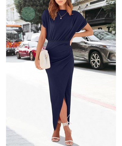 Women's Summer Off Shoulder Short Sleeve Wrap Slit Bodycon Maxi Elegant Dress Deep Blue $24.99 Dresses