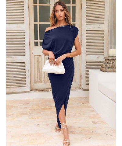 Women's Summer Off Shoulder Short Sleeve Wrap Slit Bodycon Maxi Elegant Dress Deep Blue $24.99 Dresses