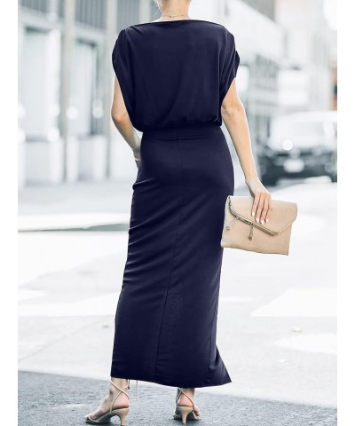 Women's Summer Off Shoulder Short Sleeve Wrap Slit Bodycon Maxi Elegant Dress Deep Blue $24.99 Dresses