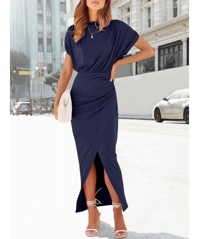 Women's Summer Off Shoulder Short Sleeve Wrap Slit Bodycon Maxi Elegant Dress Deep Blue $24.99 Dresses