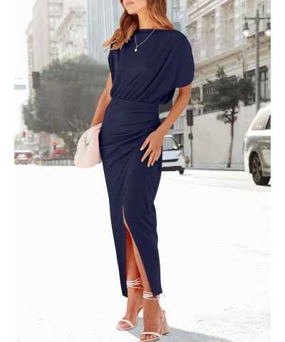 Women's Summer Off Shoulder Short Sleeve Wrap Slit Bodycon Maxi Elegant Dress Deep Blue $24.99 Dresses