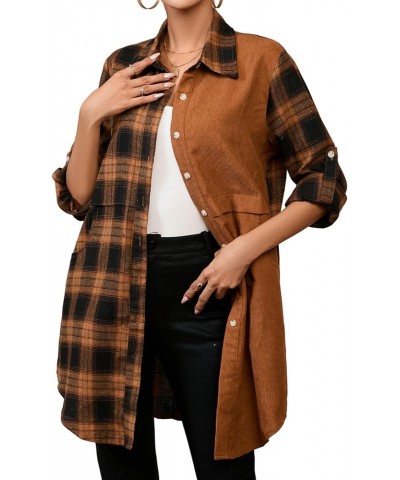 Womens Flannel Plaid Shirts Roll Up Long Sleeve Pockets Mid-Long Casual Boyfriend Shirts Mixed Plaid Brown $17.22 Blouses