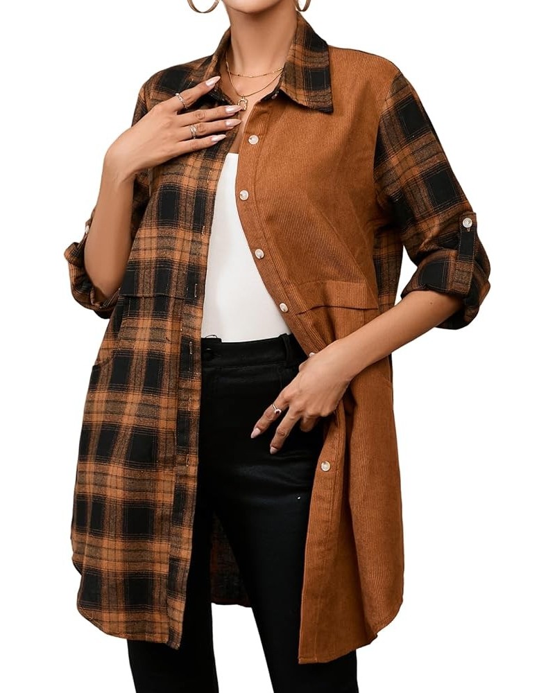 Womens Flannel Plaid Shirts Roll Up Long Sleeve Pockets Mid-Long Casual Boyfriend Shirts Mixed Plaid Brown $17.22 Blouses