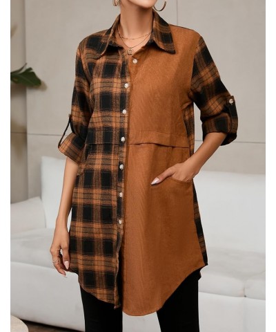 Womens Flannel Plaid Shirts Roll Up Long Sleeve Pockets Mid-Long Casual Boyfriend Shirts Mixed Plaid Brown $17.22 Blouses