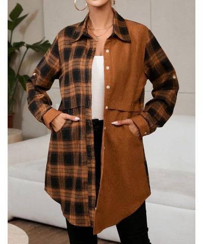 Womens Flannel Plaid Shirts Roll Up Long Sleeve Pockets Mid-Long Casual Boyfriend Shirts Mixed Plaid Brown $17.22 Blouses