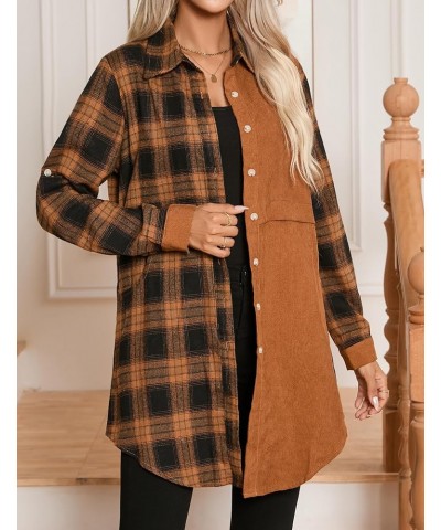 Womens Flannel Plaid Shirts Roll Up Long Sleeve Pockets Mid-Long Casual Boyfriend Shirts Mixed Plaid Brown $17.22 Blouses