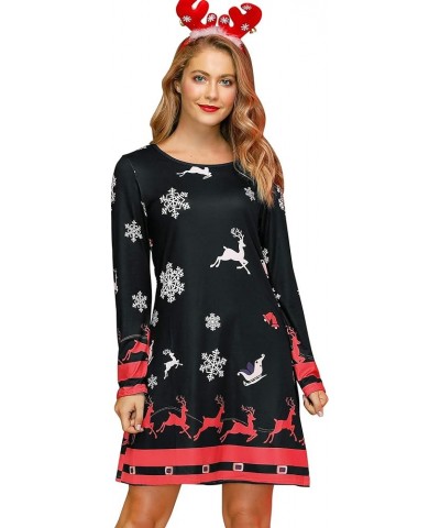 Women's Christmas Printed Tunic Dress Long Sleeve Crewneck Casual Costume Reindeer Red & White $14.83 Dresses