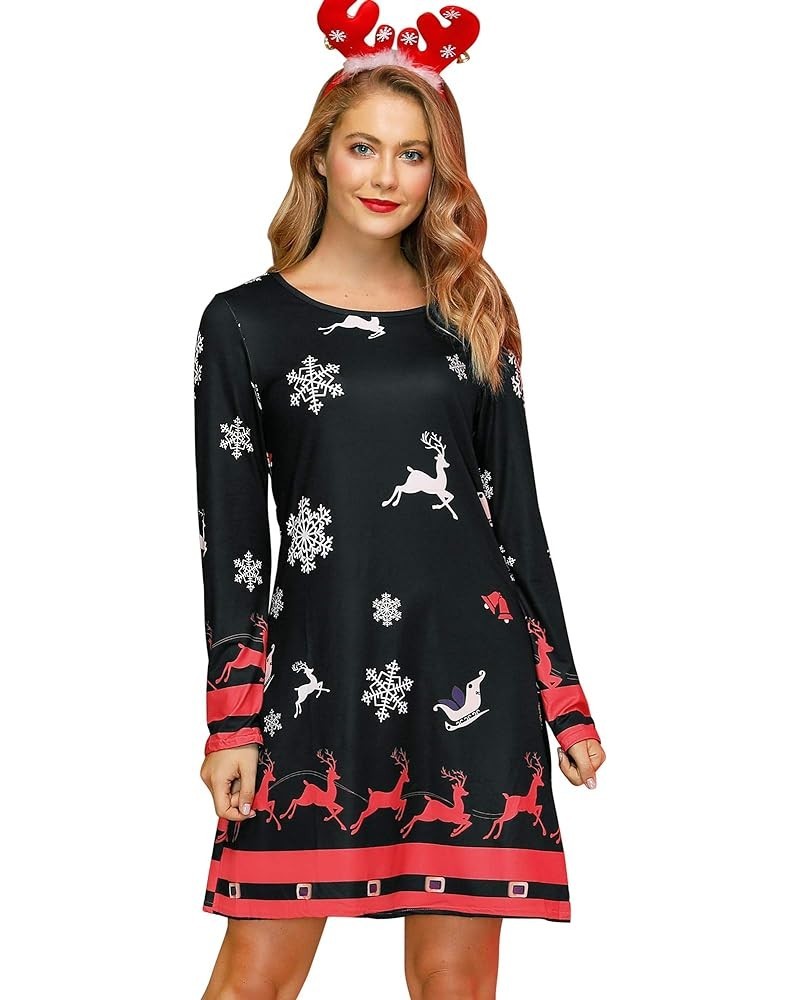 Women's Christmas Printed Tunic Dress Long Sleeve Crewneck Casual Costume Reindeer Red & White $14.83 Dresses