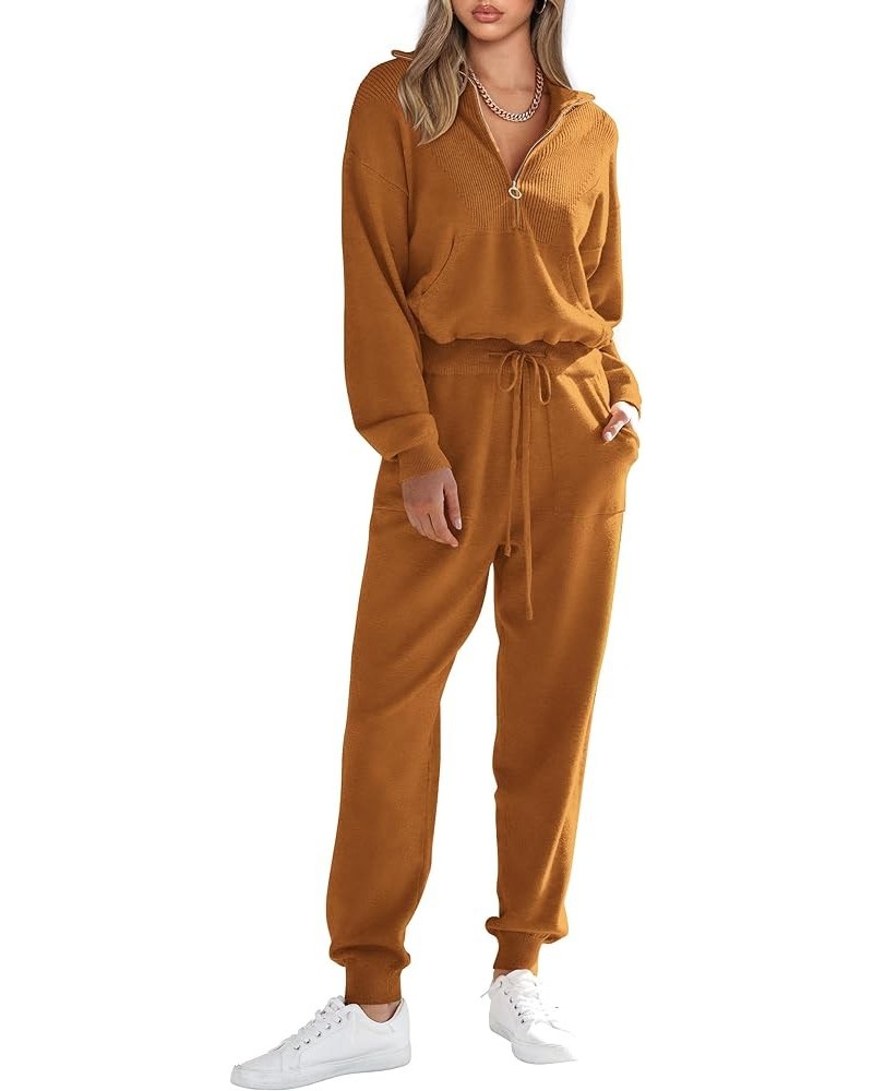 Women's 2 Piece Sweater Set Pullover Zip Up Sweatshirt Jogger Sweatpants Tracksuit Casual Outfit Caramel $28.00 Activewear