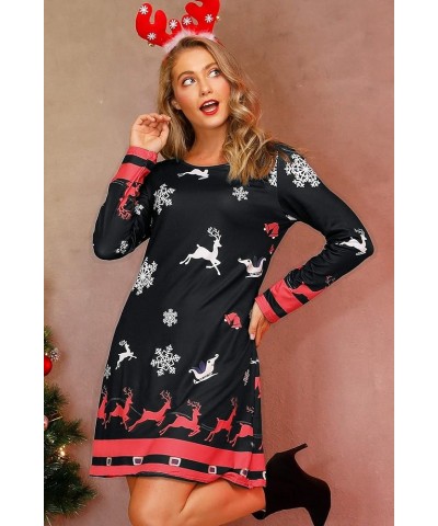 Women's Christmas Printed Tunic Dress Long Sleeve Crewneck Casual Costume Reindeer Red & White $14.83 Dresses