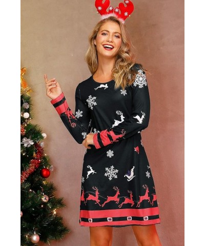 Women's Christmas Printed Tunic Dress Long Sleeve Crewneck Casual Costume Reindeer Red & White $14.83 Dresses