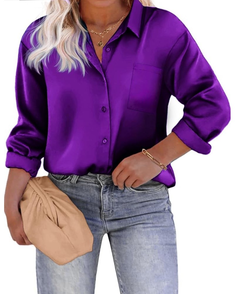 Womens Plus Size Satin Silk Button Down Shirt V Neck Long Sleeve Casual Collared Work Blouse Tops with Pocket Purple $16.10 B...