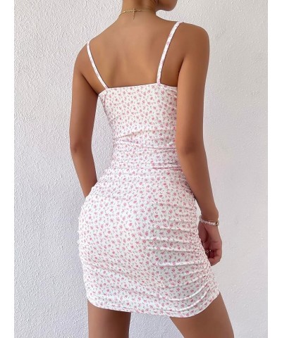 Women's Summer Ditsy Floral Ruched Mini Dress Sleeveless Cami Sundress White and Pink $12.80 Dresses