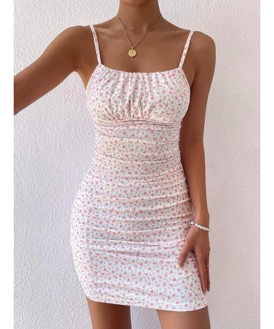 Women's Summer Ditsy Floral Ruched Mini Dress Sleeveless Cami Sundress White and Pink $12.80 Dresses