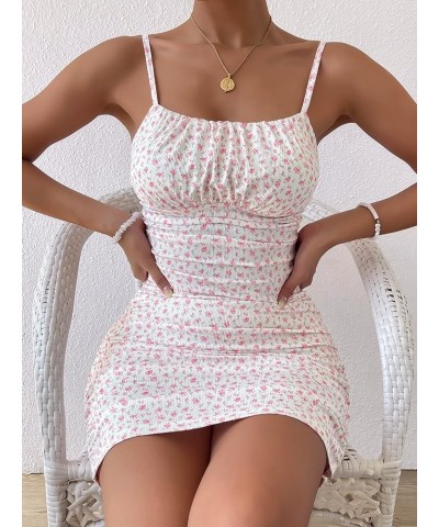 Women's Summer Ditsy Floral Ruched Mini Dress Sleeveless Cami Sundress White and Pink $12.80 Dresses