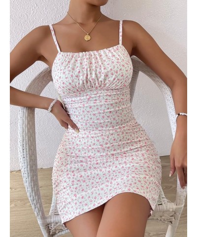 Women's Summer Ditsy Floral Ruched Mini Dress Sleeveless Cami Sundress White and Pink $12.80 Dresses