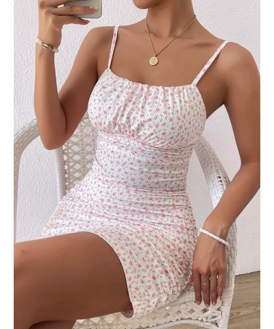 Women's Summer Ditsy Floral Ruched Mini Dress Sleeveless Cami Sundress White and Pink $12.80 Dresses