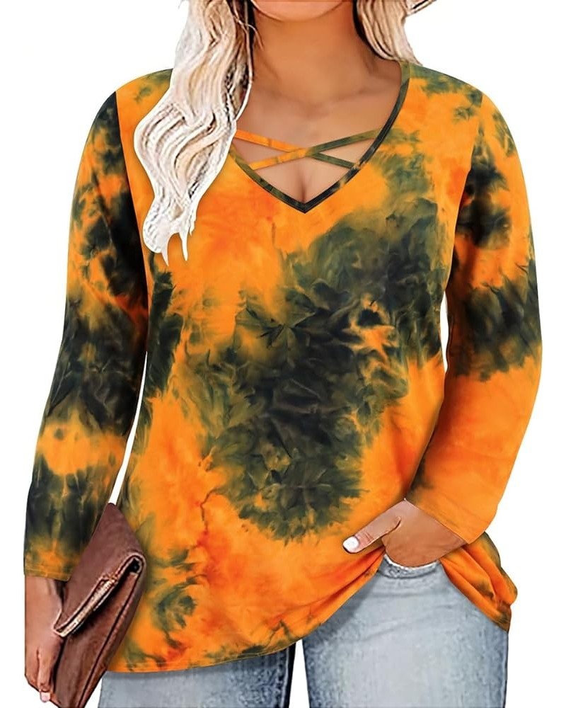 Plus Size Top for Women Long Sleeve T-Shirt Casual Blouses Fall Winter Halloween Christmas V Neck for Women A5-tie Dye Orange...