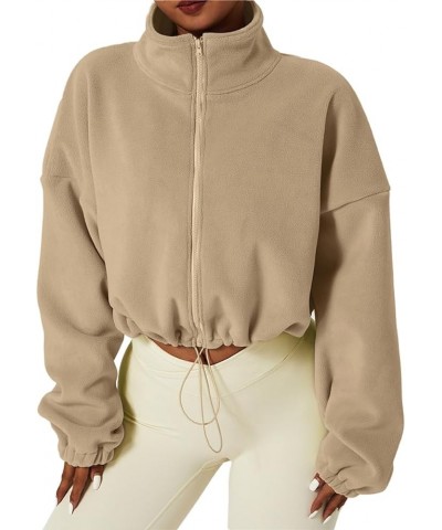 Womens Fleece Jacket Long Sleeve Stand Collar Zip Up Fuzzy Sherpa Cropped Coats Outerwear Drawstring Hem Khaki $17.22 Jackets