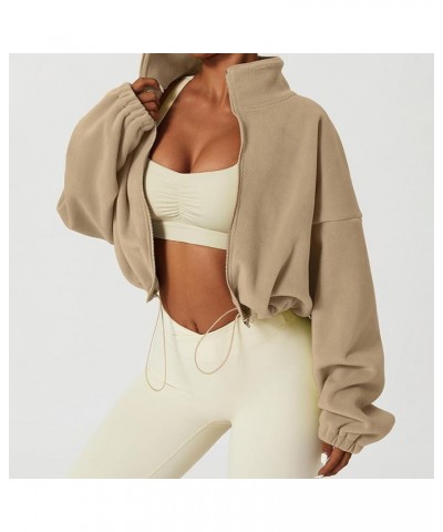 Womens Fleece Jacket Long Sleeve Stand Collar Zip Up Fuzzy Sherpa Cropped Coats Outerwear Drawstring Hem Khaki $17.22 Jackets