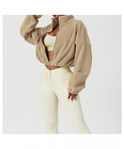 Womens Fleece Jacket Long Sleeve Stand Collar Zip Up Fuzzy Sherpa Cropped Coats Outerwear Drawstring Hem Khaki $17.22 Jackets