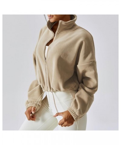 Womens Fleece Jacket Long Sleeve Stand Collar Zip Up Fuzzy Sherpa Cropped Coats Outerwear Drawstring Hem Khaki $17.22 Jackets