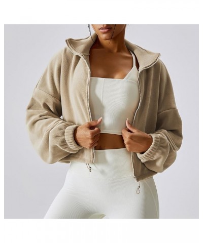 Womens Fleece Jacket Long Sleeve Stand Collar Zip Up Fuzzy Sherpa Cropped Coats Outerwear Drawstring Hem Khaki $17.22 Jackets