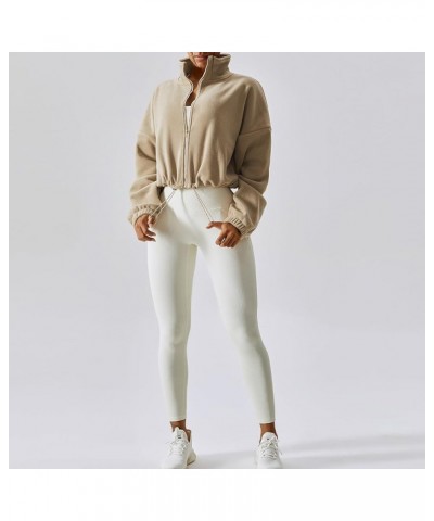 Womens Fleece Jacket Long Sleeve Stand Collar Zip Up Fuzzy Sherpa Cropped Coats Outerwear Drawstring Hem Khaki $17.22 Jackets