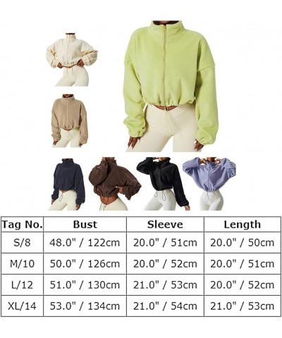 Womens Fleece Jacket Long Sleeve Stand Collar Zip Up Fuzzy Sherpa Cropped Coats Outerwear Drawstring Hem Khaki $17.22 Jackets