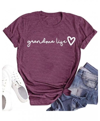 Grandma Shirt Women Casual Grandma Life Heart Printed T-Shirt Funny for Grandma Purple $12.47 T-Shirts