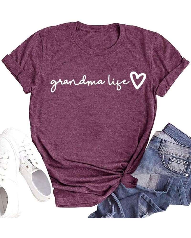 Grandma Shirt Women Casual Grandma Life Heart Printed T-Shirt Funny for Grandma Purple $12.47 T-Shirts