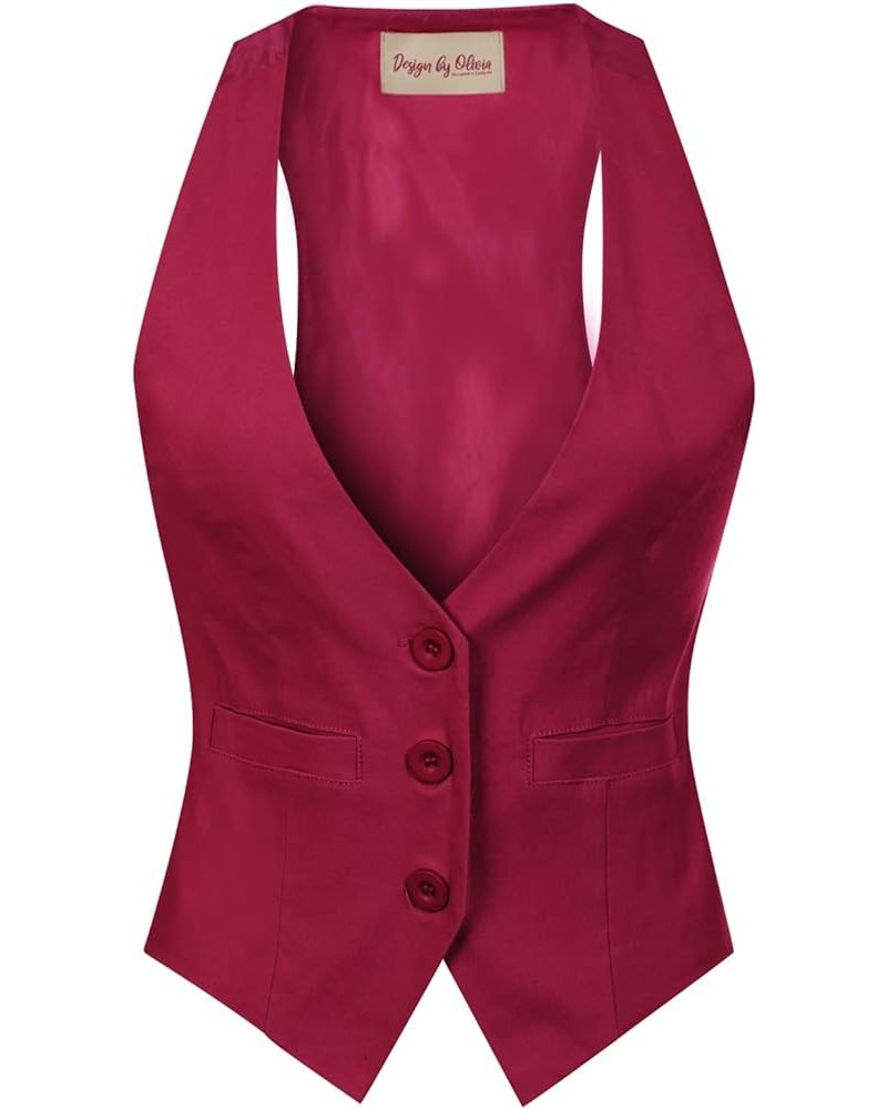 Women's Dressy Casual Versatile Racerback Vest Three Button Tuxedo Suit Waistcoat Burgundy $16.93 Vests