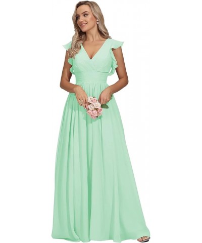 V Neck Bridesmaid Dresses for Women Long Pleats Chiffon Ruffles Sleeve Formal Evening Wedding Guest Dresses Mint $35.50 Dresses