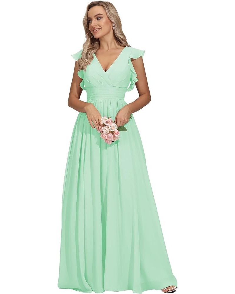 V Neck Bridesmaid Dresses for Women Long Pleats Chiffon Ruffles Sleeve Formal Evening Wedding Guest Dresses Mint $35.50 Dresses