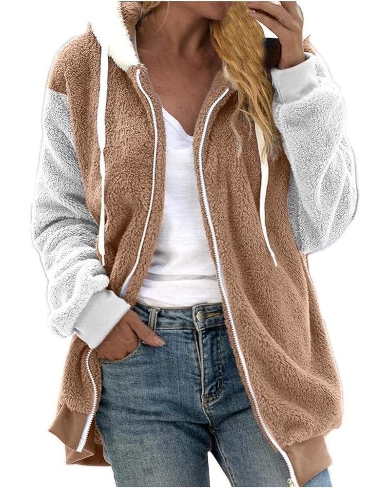 Winter Coats for Women 2023 Casual Plus Size Fleece Jacket Color Block Zip Up Sweater Hoodies Coat Outwear with Pockets 06-kh...