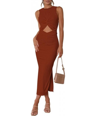 Women's Summer Bodycon Dresses Casual Crew Neck Side Slit Sleeveless Ribbed Cut Out Tank Top Long Dress Brown $23.72 Dresses