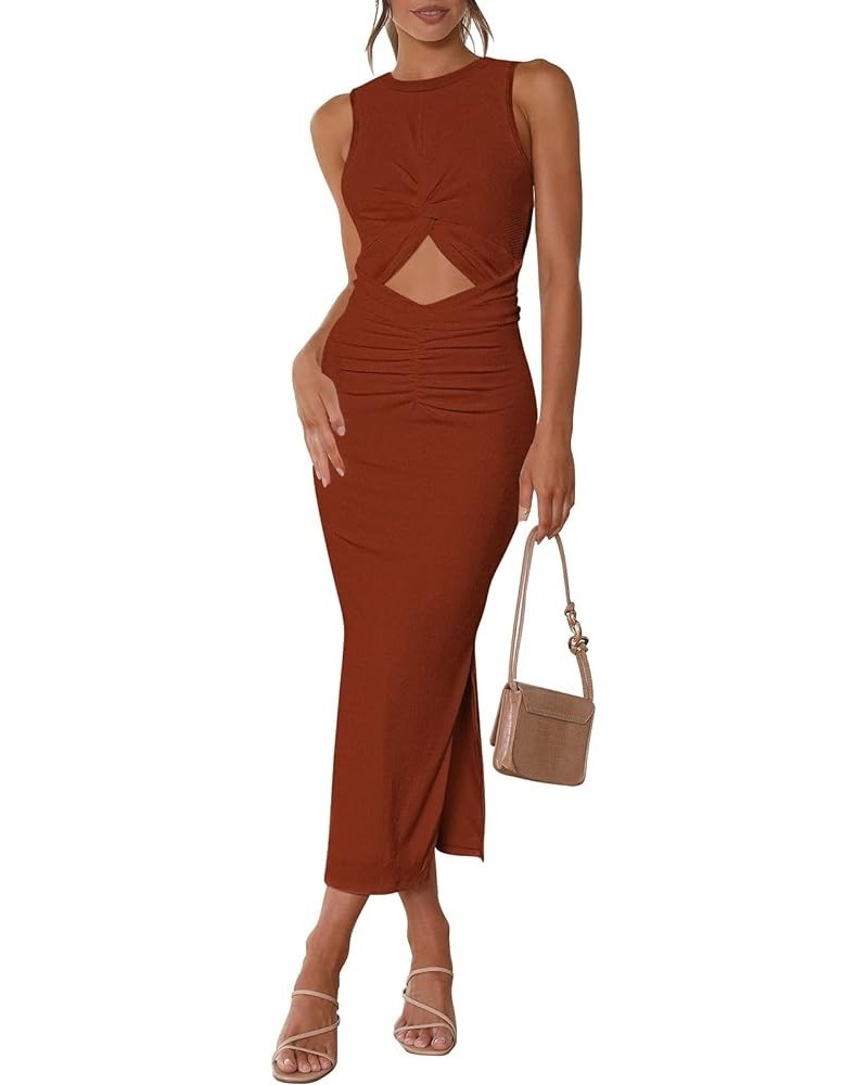 Women's Summer Bodycon Dresses Casual Crew Neck Side Slit Sleeveless Ribbed Cut Out Tank Top Long Dress Brown $23.72 Dresses