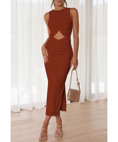 Women's Summer Bodycon Dresses Casual Crew Neck Side Slit Sleeveless Ribbed Cut Out Tank Top Long Dress Brown $23.72 Dresses