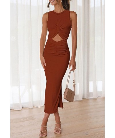 Women's Summer Bodycon Dresses Casual Crew Neck Side Slit Sleeveless Ribbed Cut Out Tank Top Long Dress Brown $23.72 Dresses