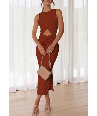 Women's Summer Bodycon Dresses Casual Crew Neck Side Slit Sleeveless Ribbed Cut Out Tank Top Long Dress Brown $23.72 Dresses