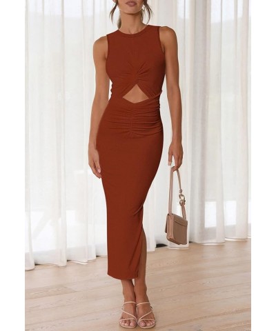 Women's Summer Bodycon Dresses Casual Crew Neck Side Slit Sleeveless Ribbed Cut Out Tank Top Long Dress Brown $23.72 Dresses