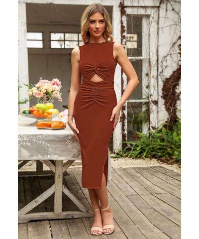 Women's Summer Bodycon Dresses Casual Crew Neck Side Slit Sleeveless Ribbed Cut Out Tank Top Long Dress Brown $23.72 Dresses