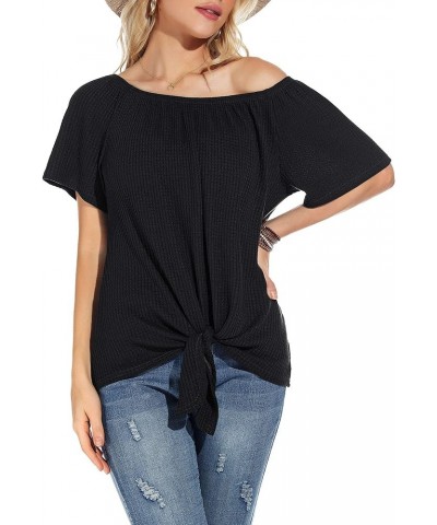 Womens Waffle Knit Off The Shoulder Tops Casual Short Sleeve Blouses Summer Tie Knot Loose T-Shirt 01 Black $12.14 Blouses