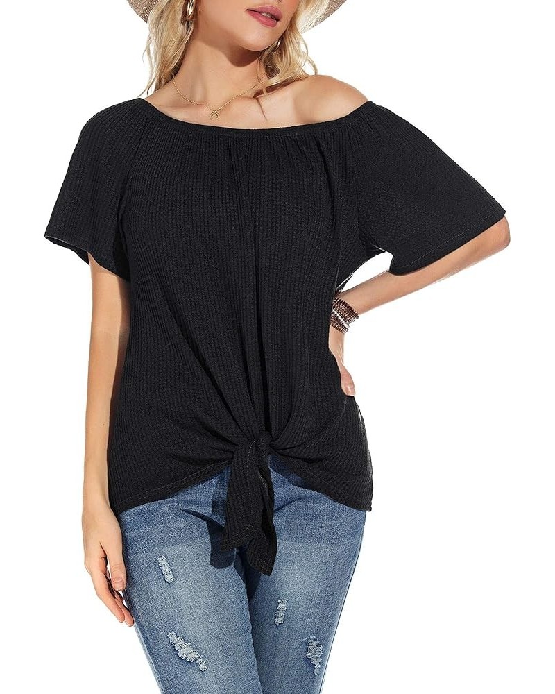 Womens Waffle Knit Off The Shoulder Tops Casual Short Sleeve Blouses Summer Tie Knot Loose T-Shirt 01 Black $12.14 Blouses