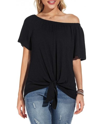 Womens Waffle Knit Off The Shoulder Tops Casual Short Sleeve Blouses Summer Tie Knot Loose T-Shirt 01 Black $12.14 Blouses