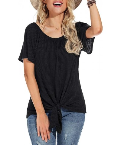 Womens Waffle Knit Off The Shoulder Tops Casual Short Sleeve Blouses Summer Tie Knot Loose T-Shirt 01 Black $12.14 Blouses