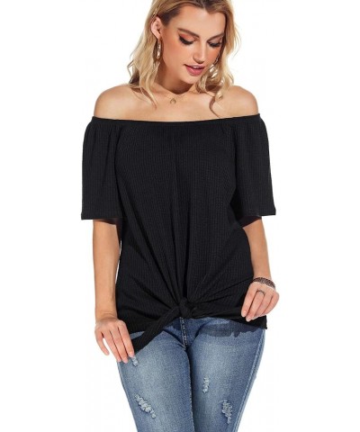 Womens Waffle Knit Off The Shoulder Tops Casual Short Sleeve Blouses Summer Tie Knot Loose T-Shirt 01 Black $12.14 Blouses